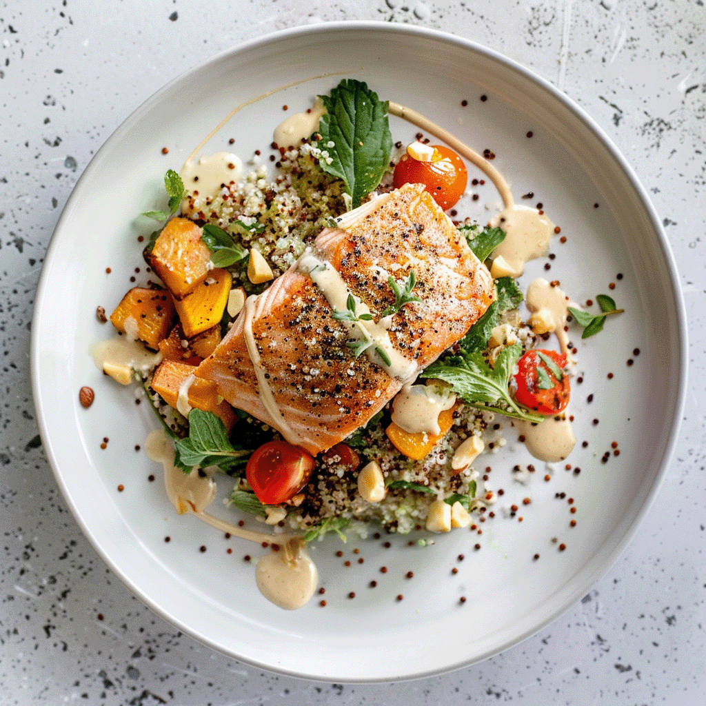 Ocean Trout with Macadamia, Quinoa and Herb Salad, Tahini Dressing (GF, DF)