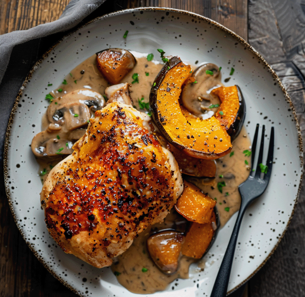 Chicken, Roasted Pumpkin with Mushrooms and Tarragon Sauce (GF, Nut Free)