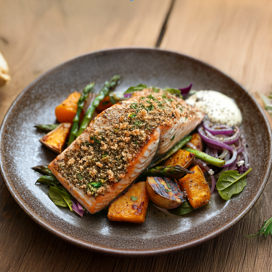 Parmesan Crusty Salmon, Roasted Sweet Potato, Pickled Onions, Harissa Mayo