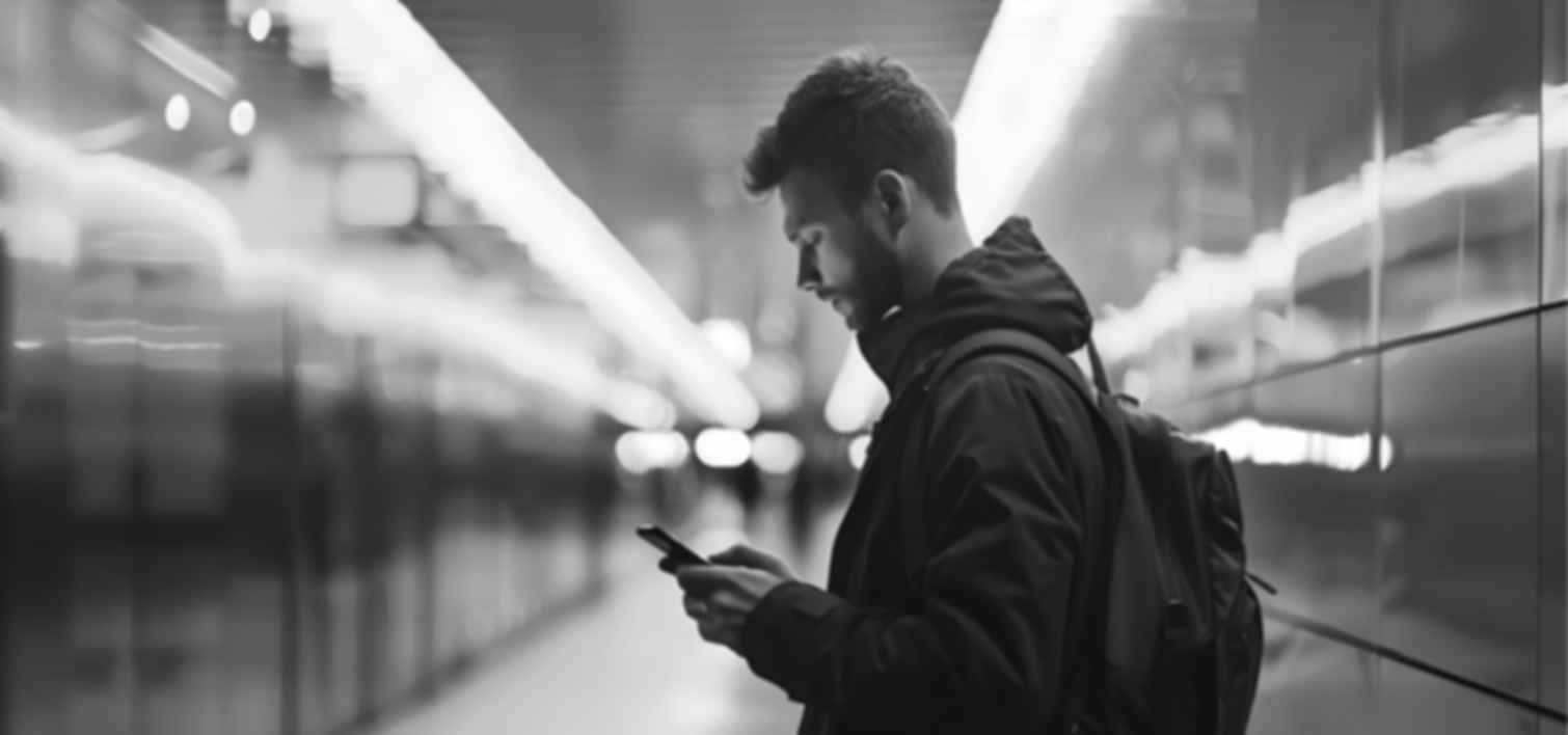 Hombre esperando el metro y configurando su aplicacion apolo app apra escoltage virtual y al mismo tiempo revisando su sistema de alarma y cctv
