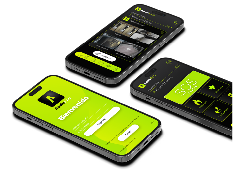 Tres celulares puestos uno al lado del otro formando un triangulo, donde se pueden ver tres diferentes interfaces de ApoloApp