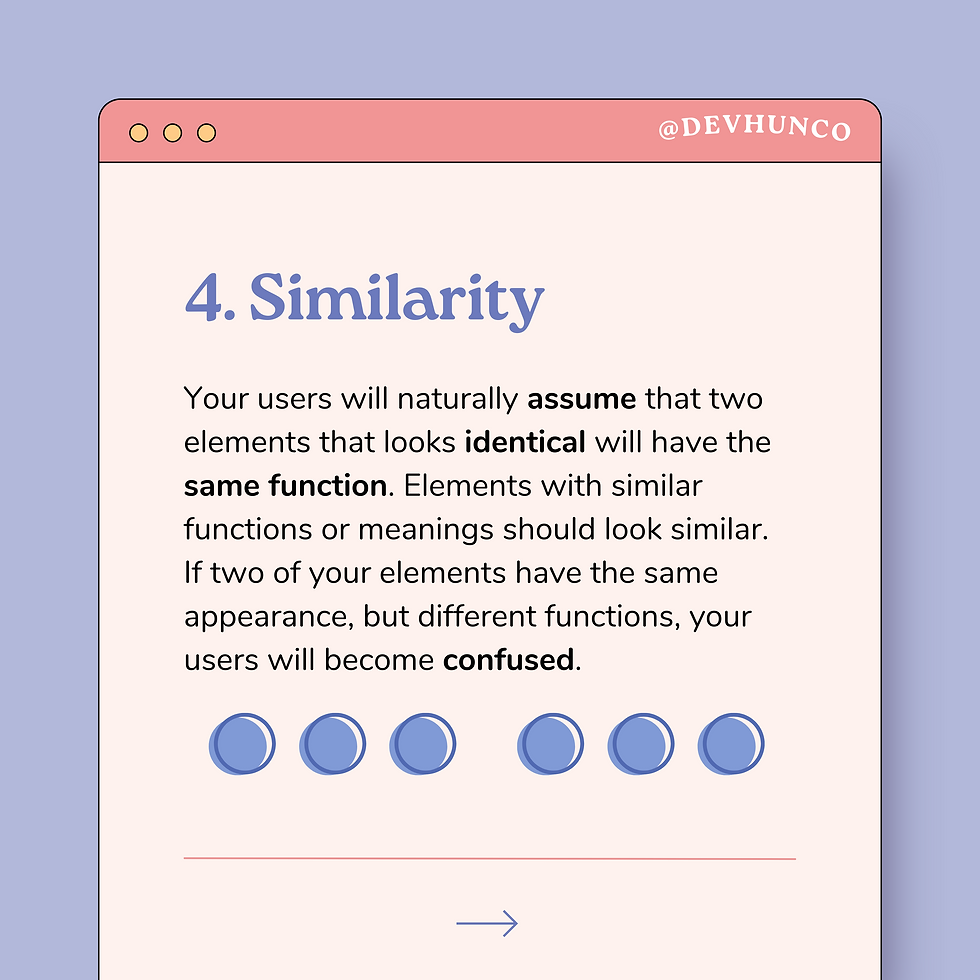 4. Similarity Your users will naturally assume that two elements that looks identical will have the same function. Elements with similar functions or meanings should look similar. If two of your elements have the same appearance, but different functions, your users will become confused.