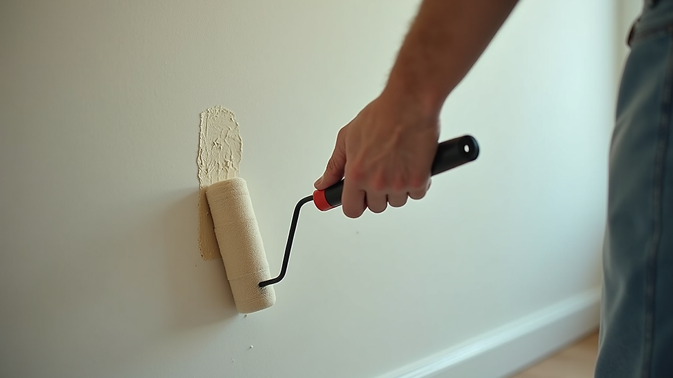 Eye-level view of a painter using a roller to paint a living room wall