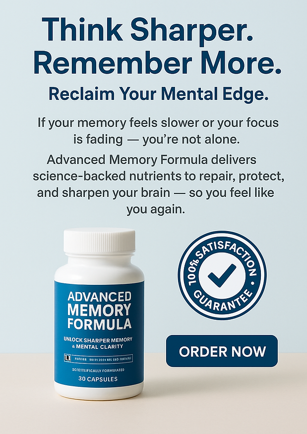 Poster-style product image featuring a white bottle labeled "Advanced Memory Formula" in blue, placed on a light beige surfac