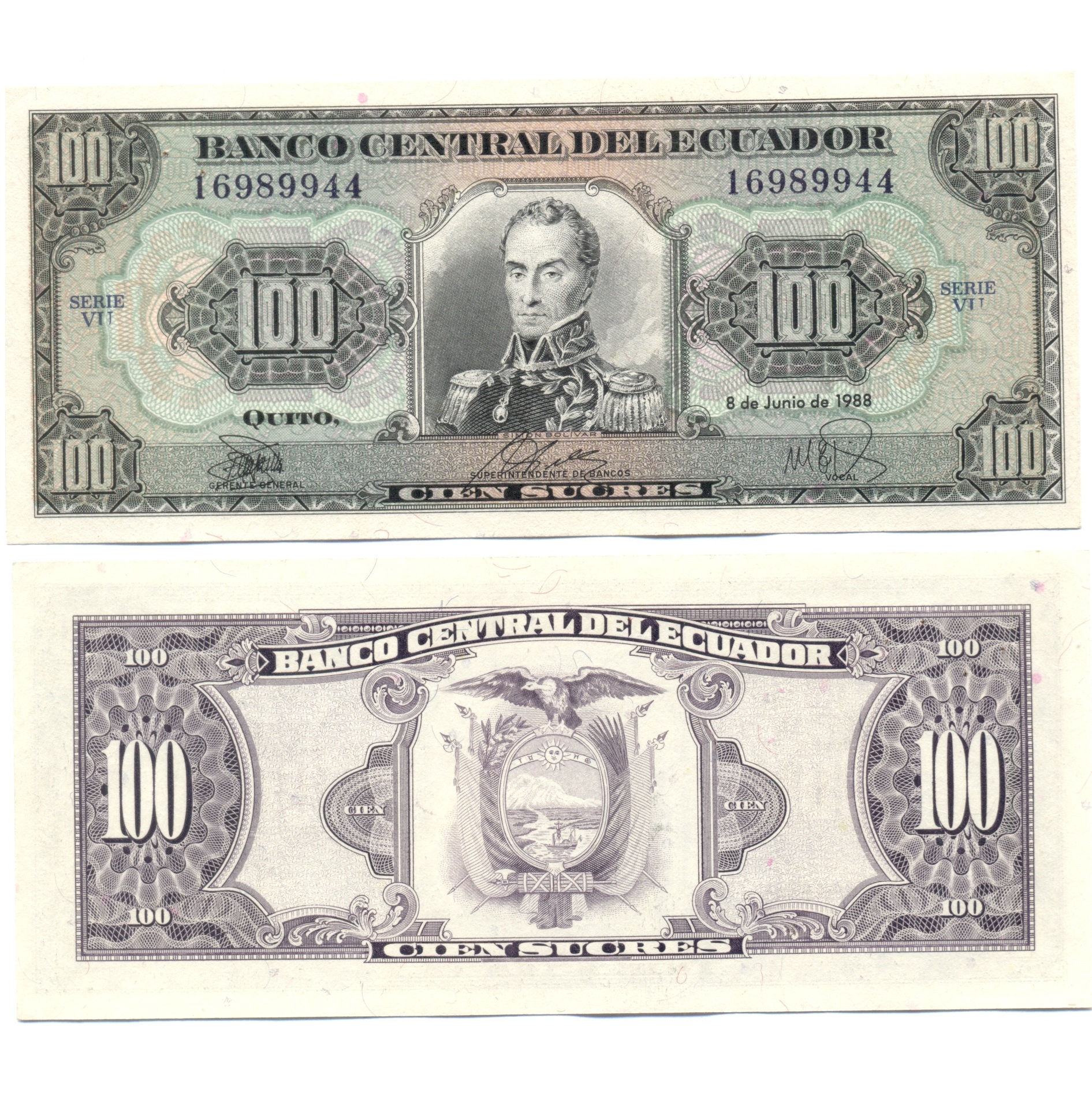 Billete del Banco Central de Ecuador de 100 Sucres, año 1988, condición XF