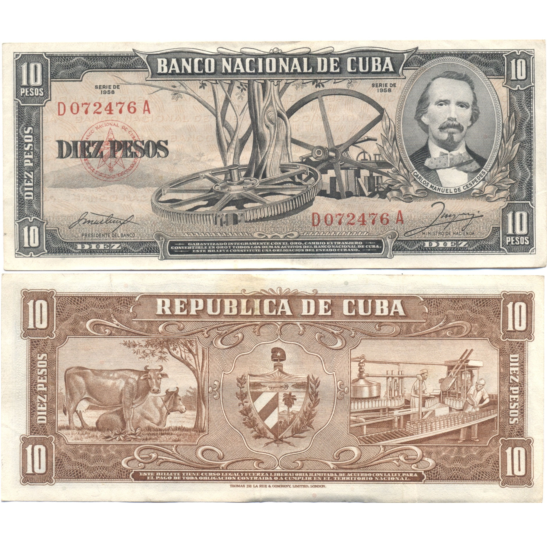 Billete del Banco Nacional de Cuba de 10 pesos, año 1958, condición v