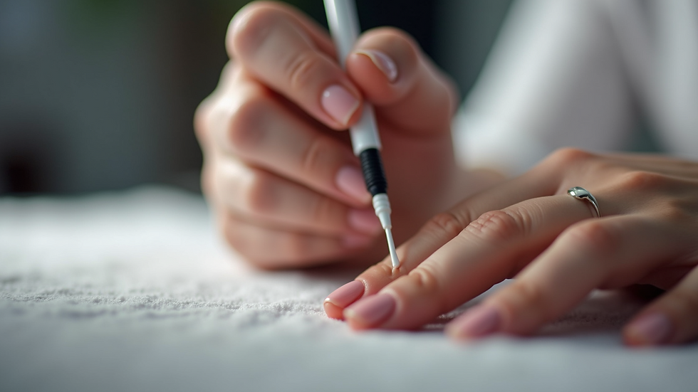 Eye-level view of a nail technician applying gel polish on a client’s nails