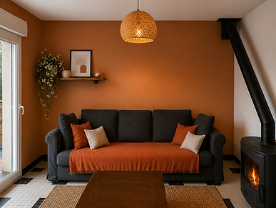 Salon rénové avec peinture décorative et décoration intérieure contemporaine dans le Morbihan.