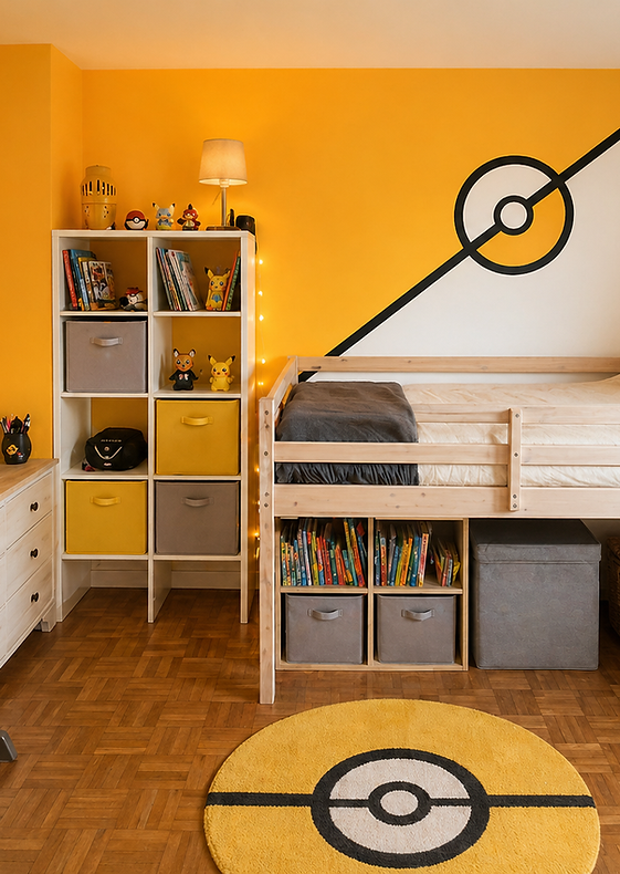 Chambre d'enfant décorée sur le thème Pokémon avec peinture murale graphique personnalisée, mobilier harmonisé et décoration 