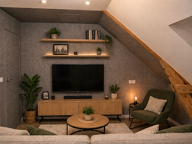 Salle cinéma et espace détente après rénovation avec décoration sur mesure.