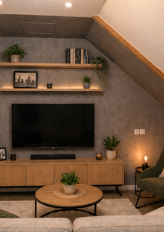 Aménagement d'une salle cinéma et espace détente réalisé à Pluméliau.