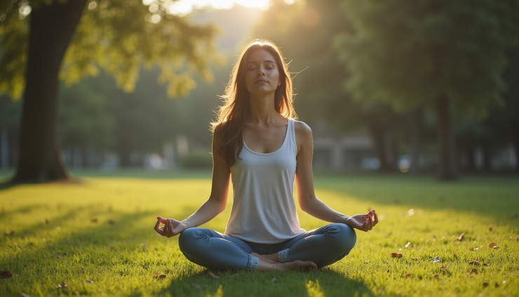 Eye-level view of a calm person sitting cross-legged outdoors practicing mindfulness meditation