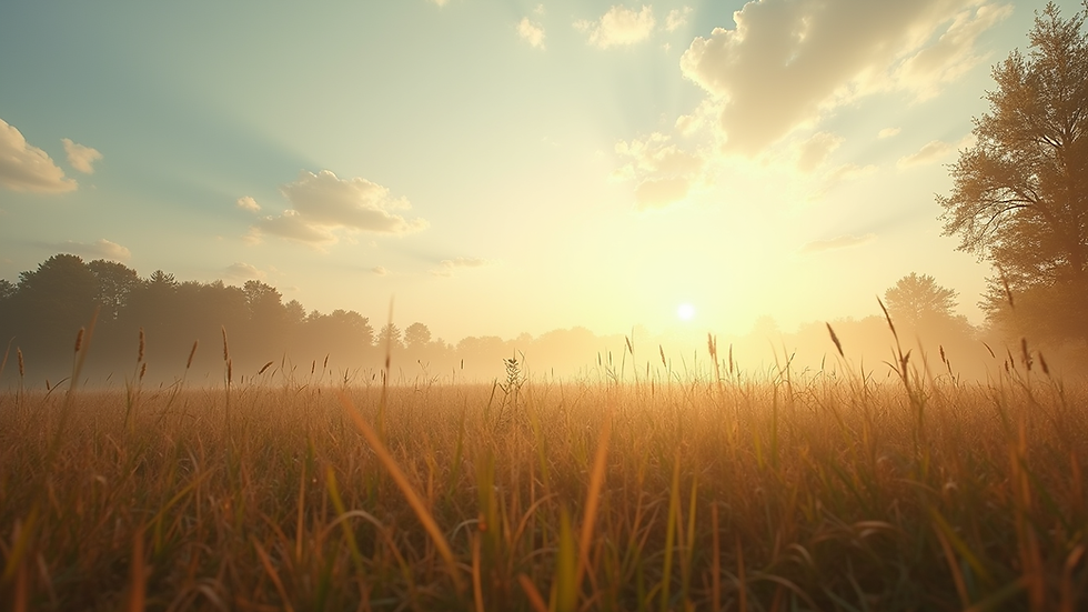 Eye-level view of a serene natural landscape with soft morning light