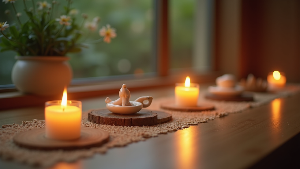 Close-up view of a peaceful meditation space with candles and natural elements