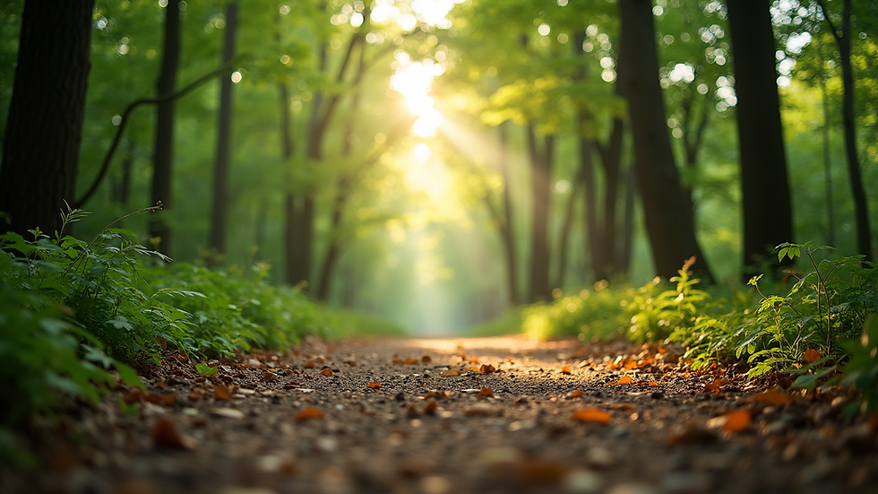 Eye-level view of a serene forest path with sunlight filtering through the leaves