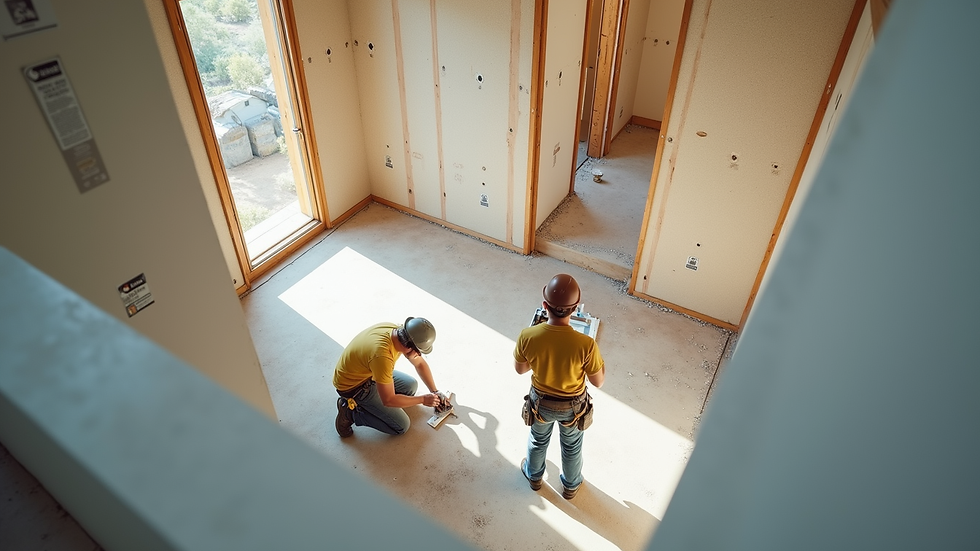 High angle view of a construction site with workers installing drywall