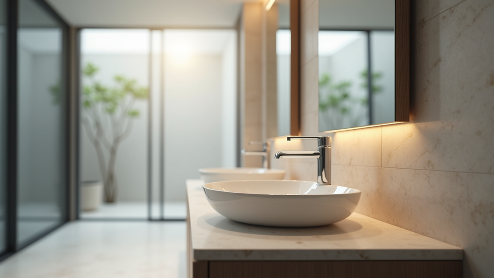 Close-up view of a modern bathroom vanity with new fixtures