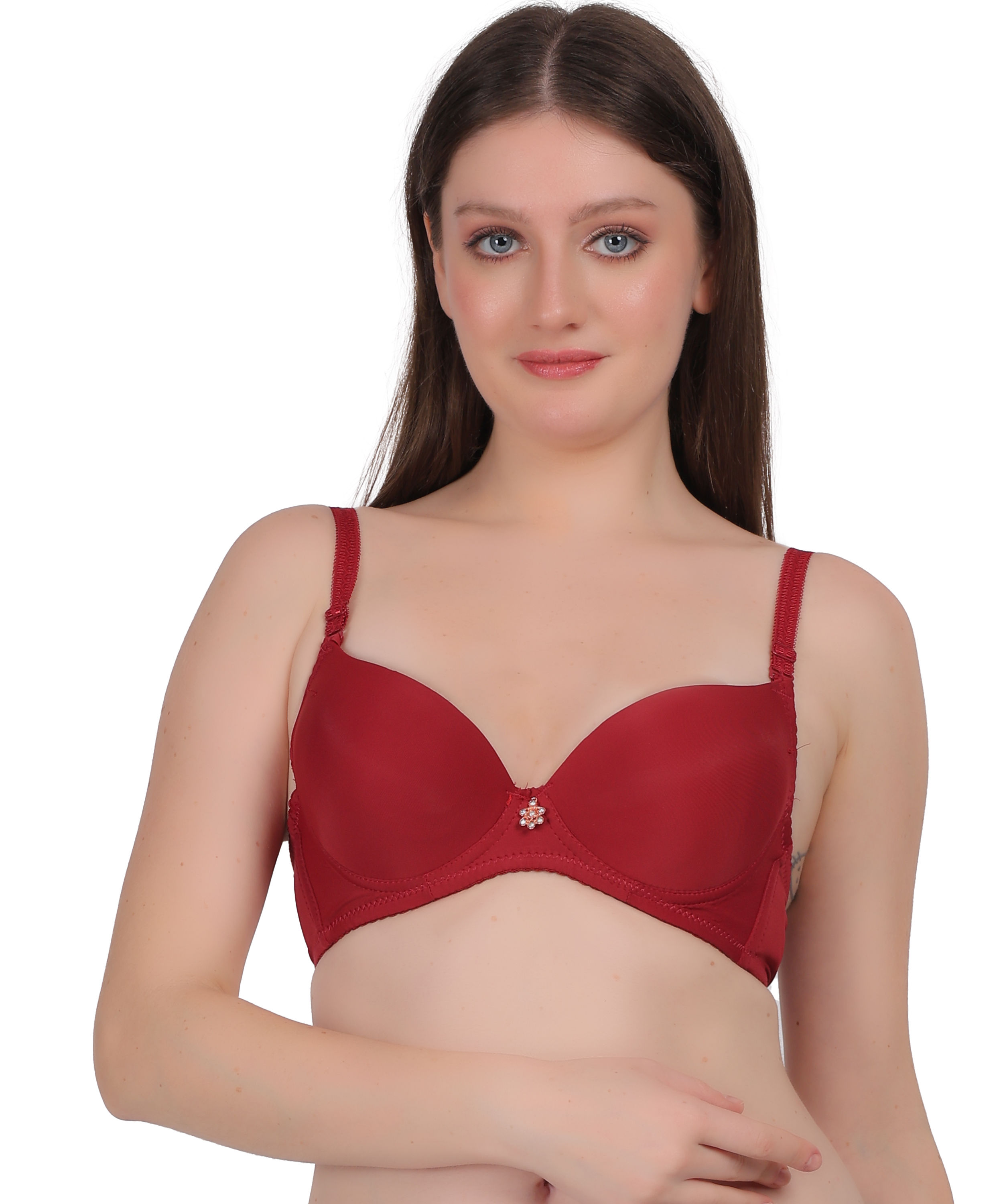 Front view of woman wearing black push-up bra with padding