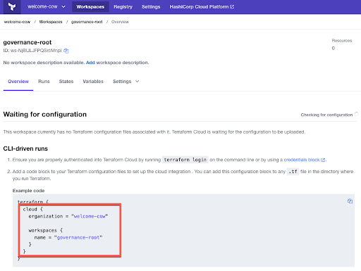Terraform Cloud workspace overview showing waiting for configuration, CLI-run instructions, and a highlighted terraform code block.