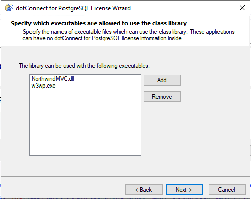 dotConnect for PostgreSQL License Wizard showing executable list with NorthwindMVC.dll and w3wp.exe, plus Add, Remove, Next buttons