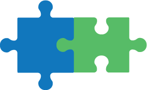 Blue and green puzzle pieces interlock on a black background, suggesting connection or teamwork.