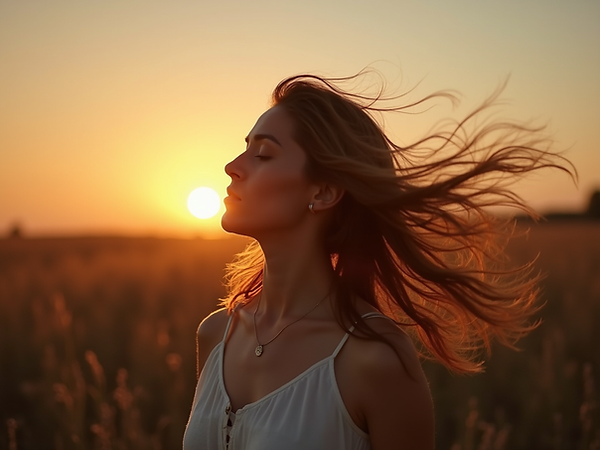 serene woman vibrating with energy in nature at dusk.png