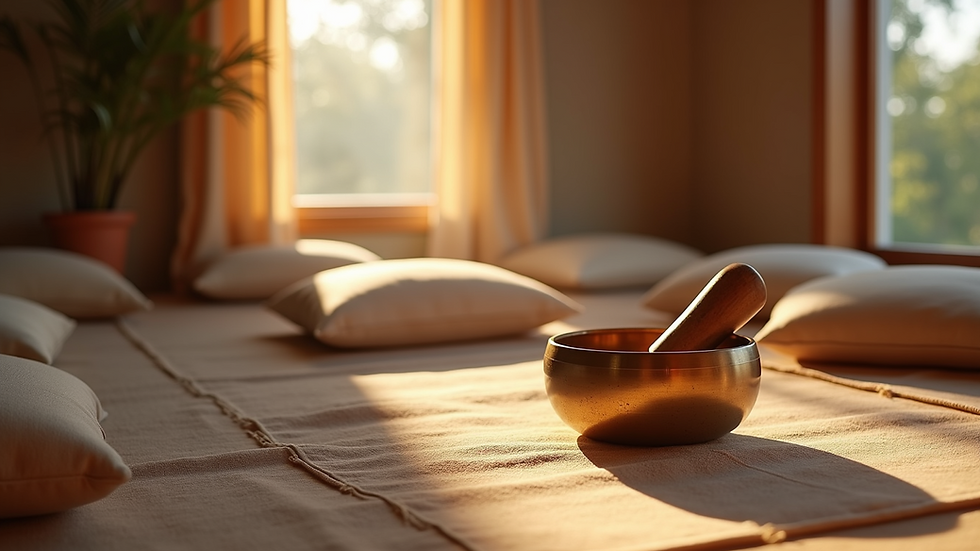 Eye-level view of a cozy meditation space with cushions and a crystal singing bowl