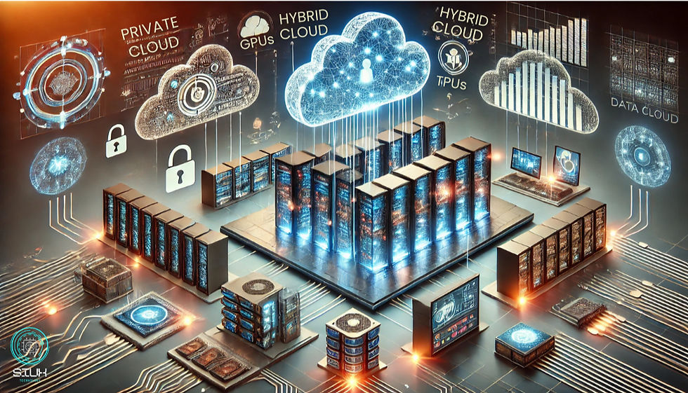 Illustration of an advanced AI infrastructure setup in a data center, showcasing rows of servers and computing clusters powered by GPUs and TPUs. Large cloud icons labeled as Private Cloud, Hybrid Cloud, and Public Cloud are connected above the servers, symbolizing cloud-based computing options. Additional elements like secure padlocks represent data security, while graphs and data nodes indicate robust data management. Screens displaying charts and performance metrics highlight monitoring tools. The overall design is highly technical, emphasizing the importance of scalable, secure, and efficient infrastructure in AI applications.