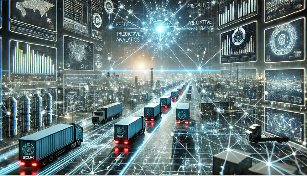 Futuristic digital visualization of predictive analytics in logistics and supply chain management. The image features a fleet of trucks moving along a digitally connected highway, surrounded by holographic data screens displaying predictive analytics, graphs, and charts. A network of glowing data points and lines illustrates real-time data flow and optimization. Warehouses, robotic automation, and smart logistics hubs are integrated into the background, highlighting the role of AI and big data in modern transportation. The SiUX Technology logo appears on the trucks.