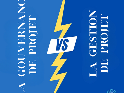 Image comparative illustrant "La gouvernance de projet" contre "La gestion de projet". L’arrière-plan est divisé en deux tons de bleu, séparé par un éclair jaune au centre avec le mot "VS" inscrit en blanc et bleu. Le logo de SiUX Technology apparaît en bas à droite. L'image souligne la distinction entre les deux concepts clés en gestion de projets.