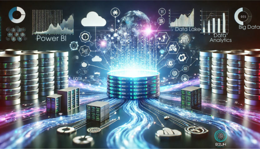 Futuristic digital visualization of a data lake concept, featuring interconnected data storage units, glowing data streams flowing between servers, and icons representing data analytics, Power BI, IoT, and big data. A central data hub emits a bright glow, symbolizing advanced data processing and integration, with graphs and analytics icons illustrating insights derived from data lakes. The SiUX Technology logo appears in the lower right corner.