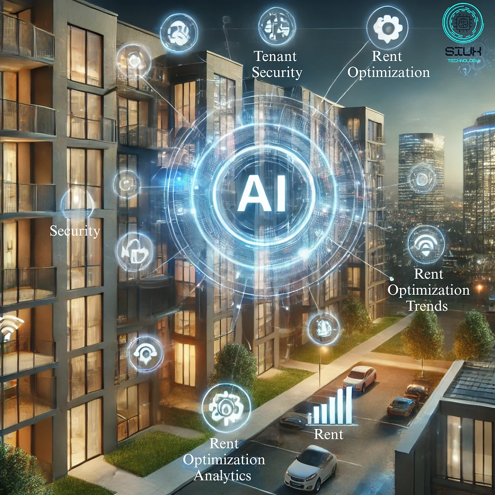 Futuristic cityscape showing a modern apartment complex at dusk with digital AI graphics overlayed. The central glowing icon labeled “AI” is connected to various labeled nodes such as “Tenant Security,” “Rent Optimization,” “Rent Optimization Trends,” “Rent Optimization Analytics,” “Security,” and “Rent,” indicating how AI can enhance property management. The scene emphasizes smart technology integration in real estate, with visual elements like data charts, surveillance icons, and wireless signals. The SiUX Technology logo appears in the upper right corner.