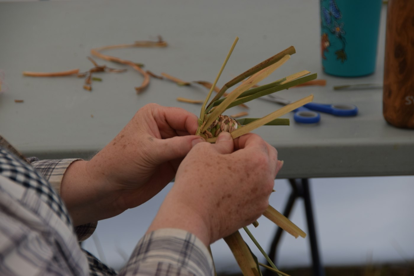 Real editorial photograph of hands weaving grasses into natural craft. Cover for Natural Color: Exploring Plant Dyes Carefully