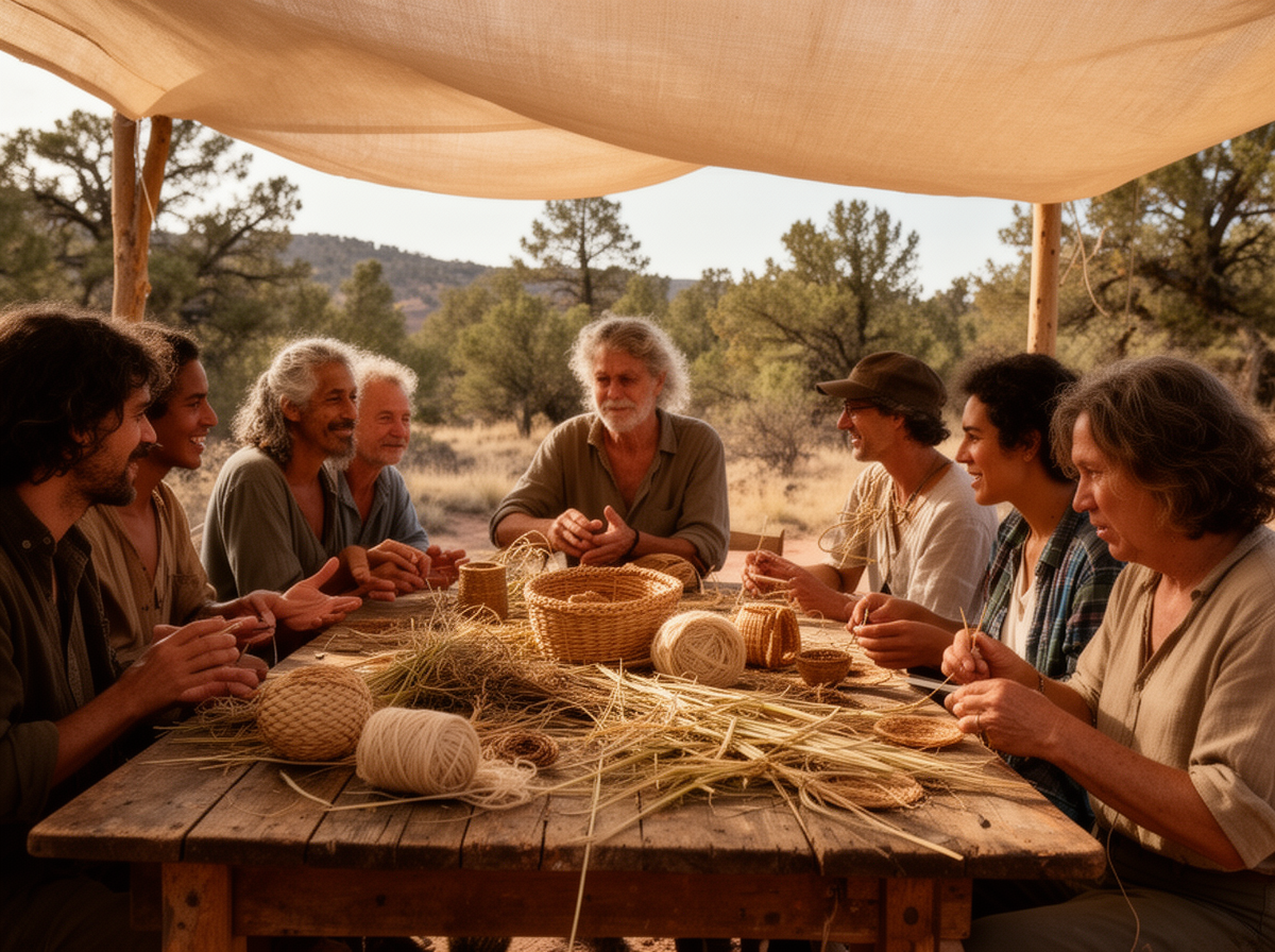 Adults learning a handmade craft together during a relaxed outdoor Wild Circle-style workshop