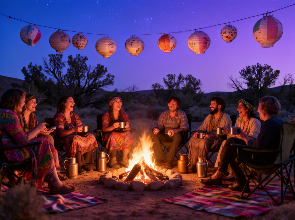 Small community of adults talking together around a warm evening fire