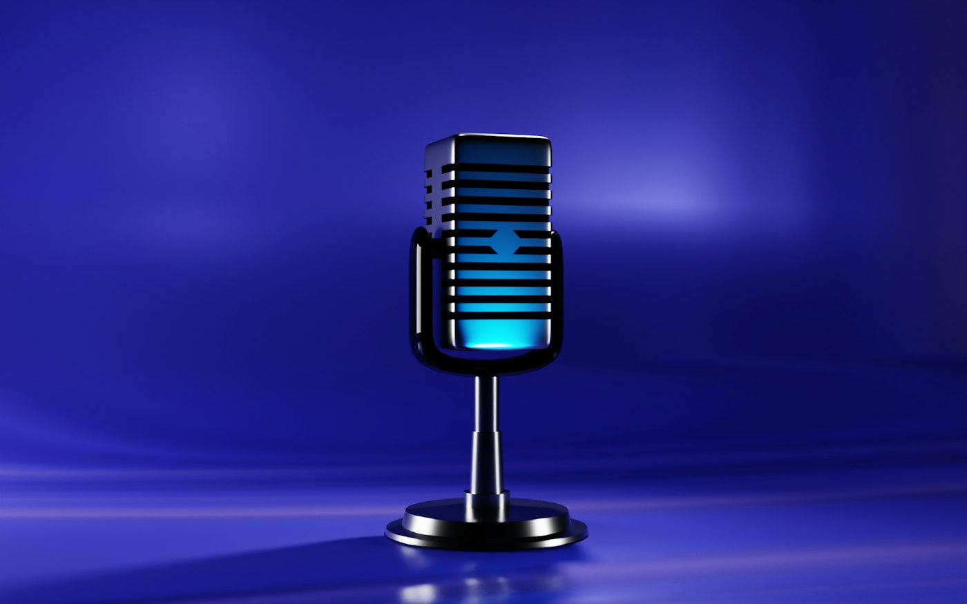 Real editorial photograph of studio microphone against blue. Cover for Why We Remember Songs Before We Remember Stories