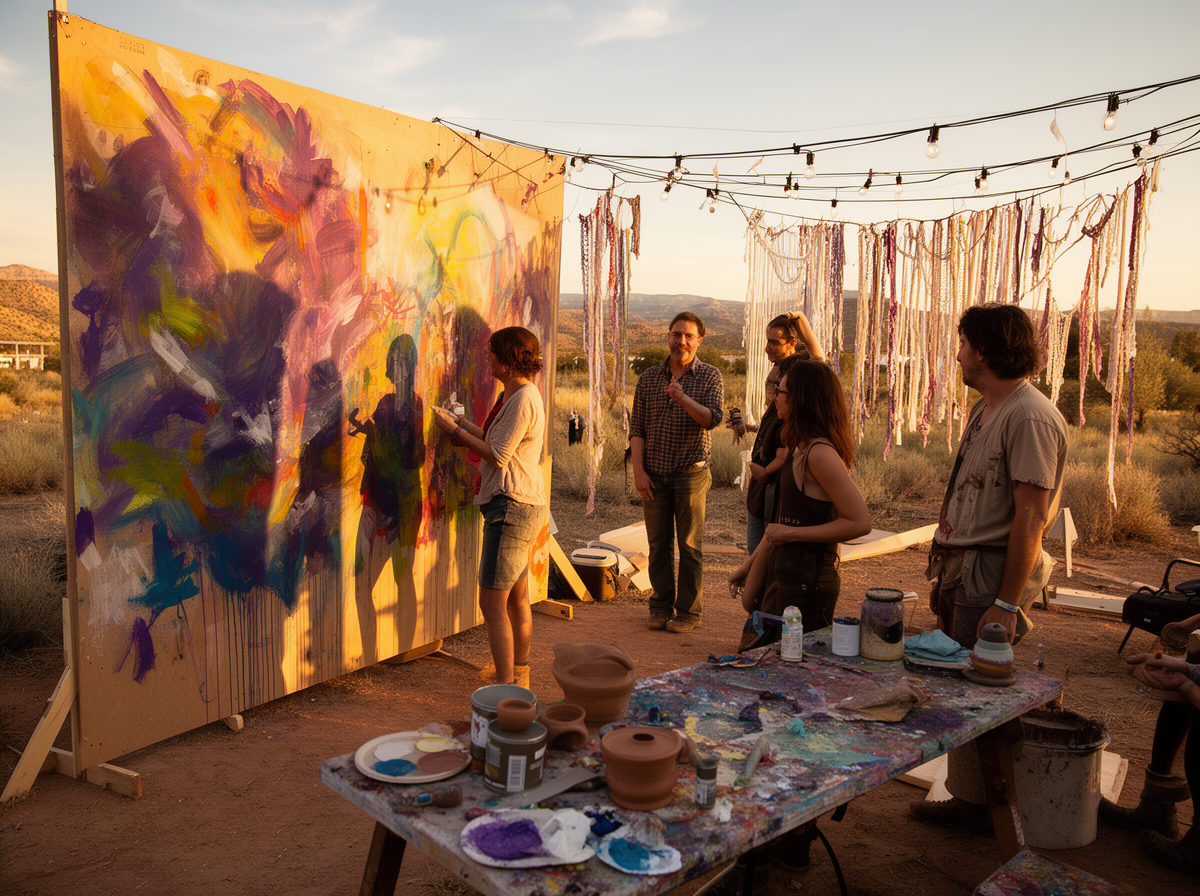 Artists collaborating on an outdoor DIY art installation