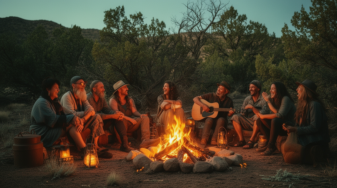 Authentic small community gathering around the fire in Arizona juniper woodland at sunset