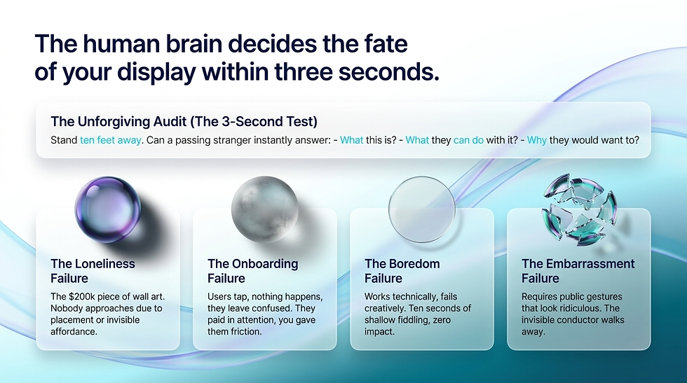 Text explains how displays are judged quickly, featuring a "3-Second Test." Includes failures: Loneliness, Onboarding, Boredom, Embarrassment.