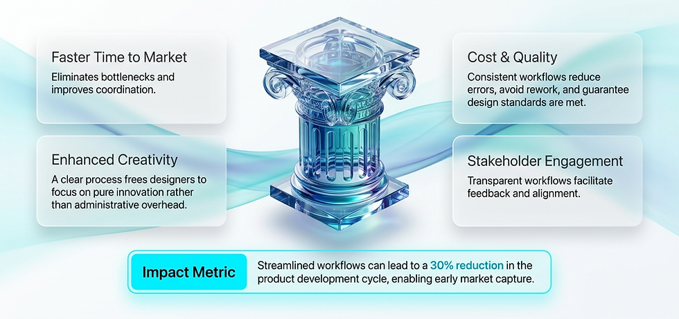 Abstract graphic with a glass column, text boxes: Faster Time to Market, Enhanced Creativity, Cost & Quality, Stakeholder Engagement. Highlight: Impact Metric.