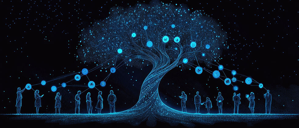 Silhouetted figures interact with a glowing blue digital tree under a starry night sky. Icons are linked to branches, suggesting connectivity.