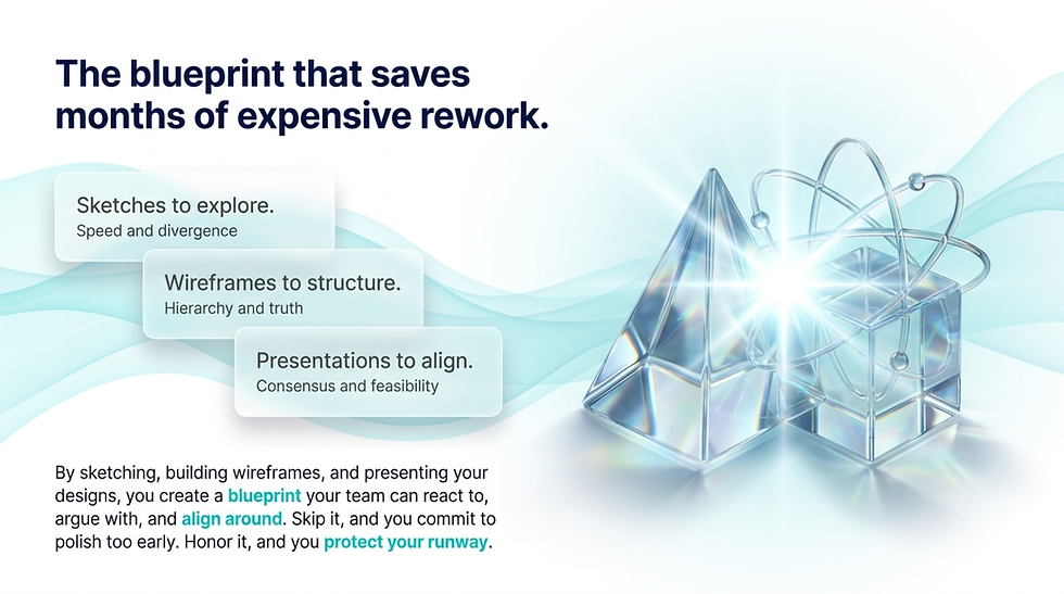 Marketing slide with glassy blue wireframe shapes and text: The blueprint that saves months of expensive rework.