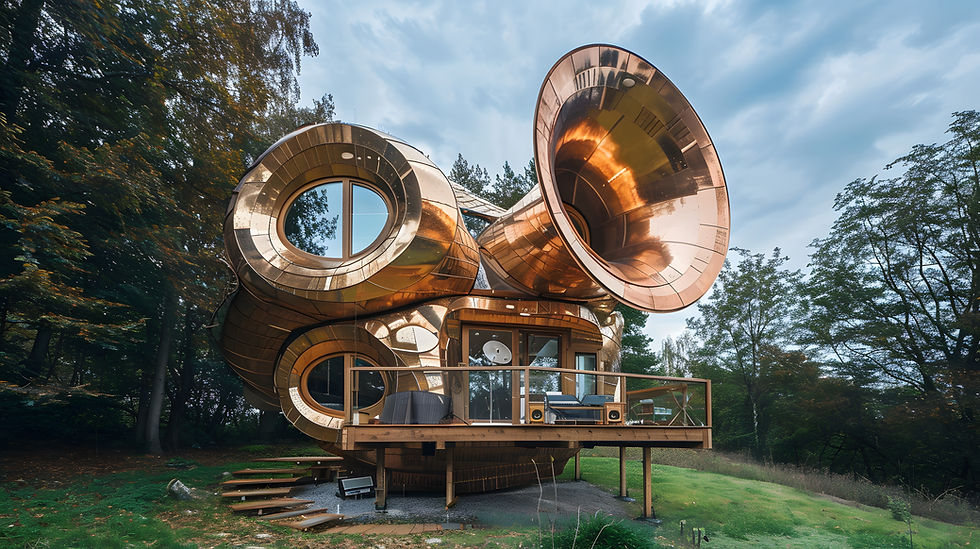 Futuristic house with large copper trumpet shapes in a forest setting. Round windows and glass door on wooden deck, surrounded by trees.