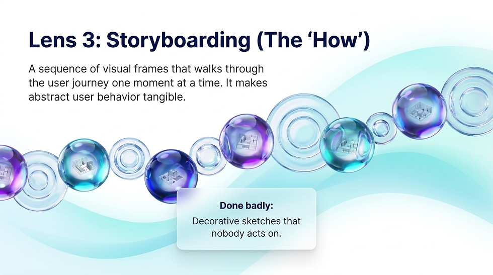 Presentation slide titled Lens 3: Storyboarding (The How) with blue text, glassy bubbles, and a note reading Done badly: Decorative sketches that nobody acts on.