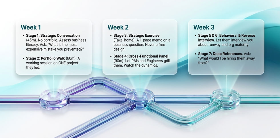 Flowchart showing a 3-week plan: Week 1-Strategic Conversation, Portfolio Walk. Week 2-Strategic Exercise, Cross-Functional Panel. Week 3-Interview stages.
