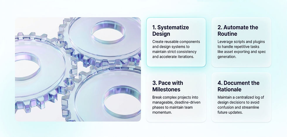 Three interlocking transparent gears on left; four text boxes on right with tips on systematizing design, automating routines, milestones, and documentation.