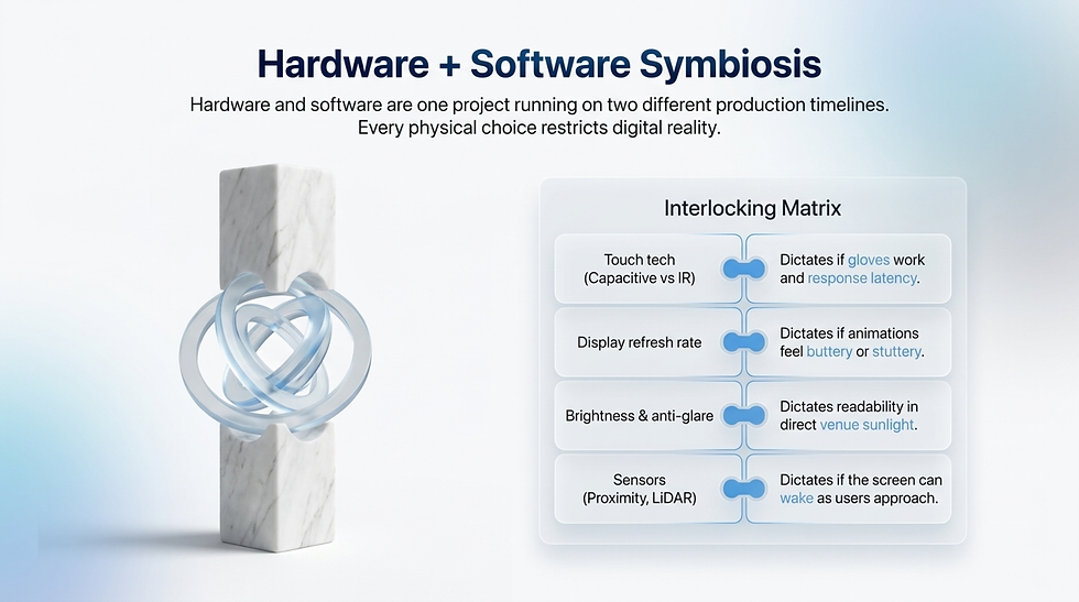 Marble column with interlocking blue rings beside text: "Hardware + Software Symbiosis," discussing touch tech and display matrices.