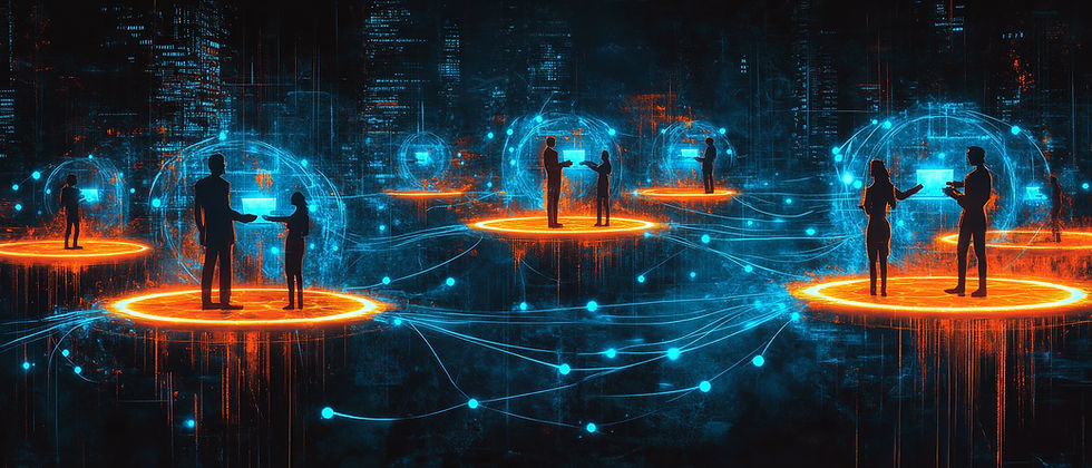 Silhouettes on glowing orange platforms, interacting with digital screens in a futuristic cityscape. Blue network lines connect them.