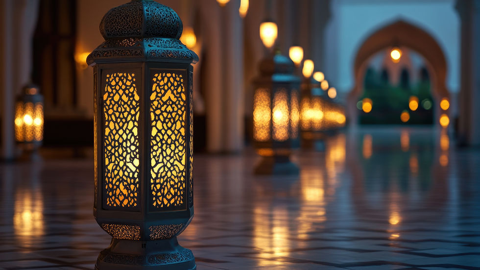 Ornate lanterns line a polished corridor, emitting warm light. The setting is serene, with an arched background and glowing ambiance.