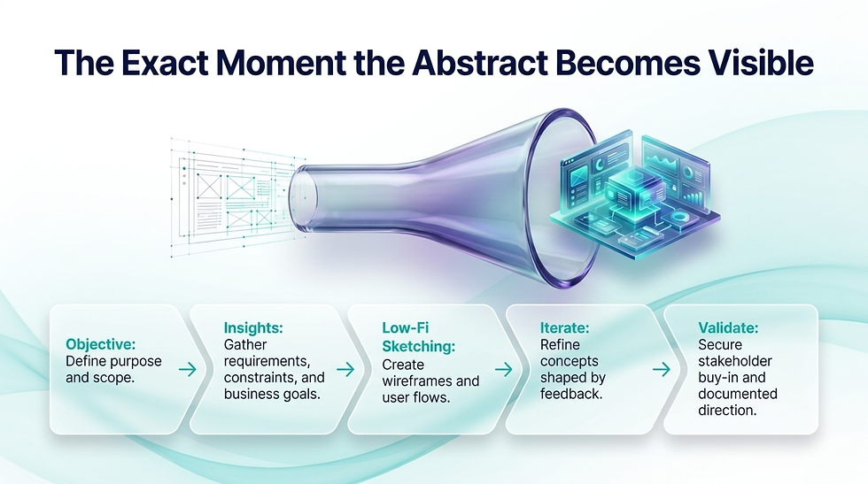 UX design infographic titled The Exact Moment the Abstract Becomes Visible, with a funnel to dashboard and five process steps.